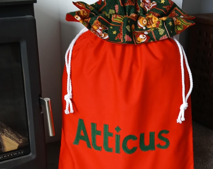 Santa Sack in Traditional red with a ruffle of Christmas Teddies on Dark Green Personalised *