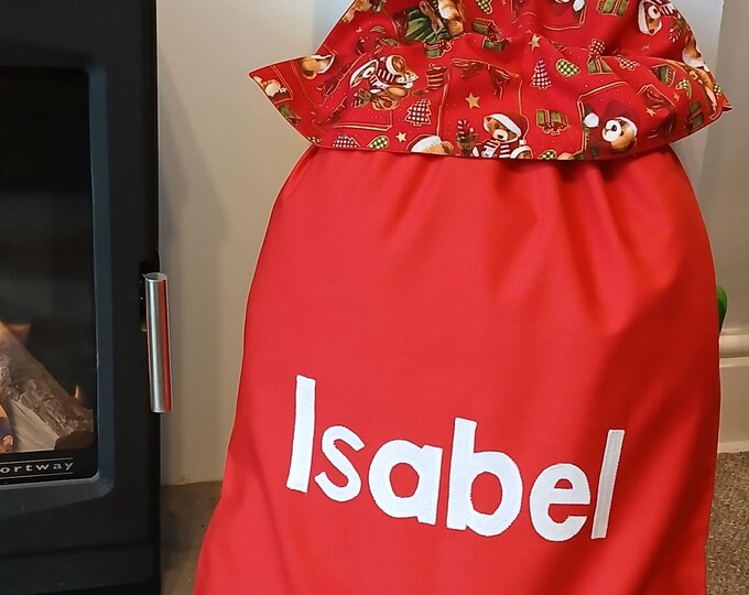 Personalised Christmas Santa Sack: Red Cotton, Teddy Ruffle, Gold Bells *