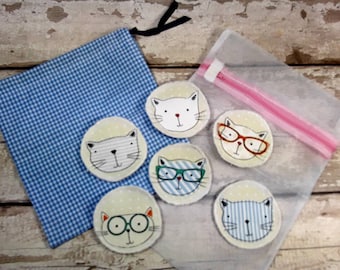 6 Cat face reusable face pads with storage & wash bag Eco-friendly Makeup Removal Scrubbies Facial cleansing wipes, Zero waste, Ethical gift