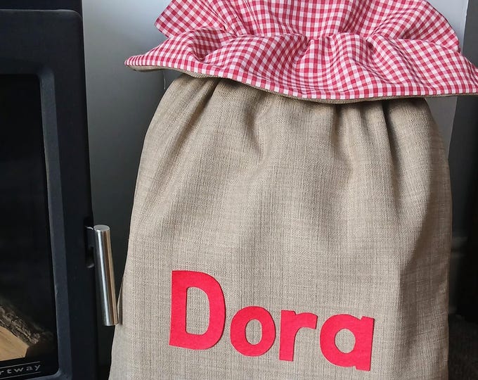 Santa Sack, Traditional Christmas Bag with Red Gingham ruffle Personalised