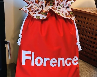 Personalised Santa Sack in Traditional Christmas Red with a ruffle of Teddies on Cream