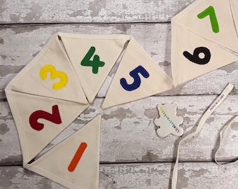 NUMBER BUNTING Cotton Calico with multicoloured felt numbers 10 flags lined 160cm