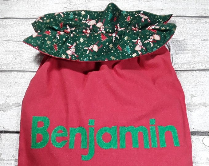 Personalised Santa Sack Traditional Red Christmas Reindeer on Green