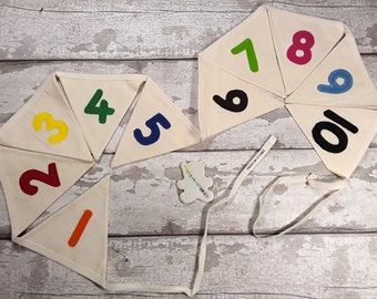 NUMBERS Cotton Calico bunting with multicoloured felt numbers 10 flags lined 160cm