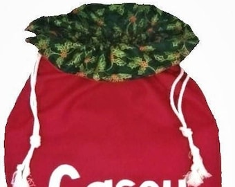 Personalised Santa Sack in Traditional Christmas Red with a ruffle of Holly on Green