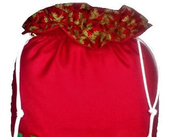 Personalised Santa Sack: Red Cotton Linen, Holly Ruffle, Bells