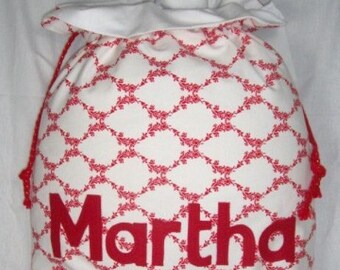 Personalised Santa Sack in WHITE for Christmas Eve with red Ruffle and Silver Bells LARGE 100% cotton