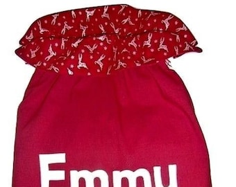 Personalised Santa Sack in Traditional Christmas Red with a ruffle of Silver Reindeer