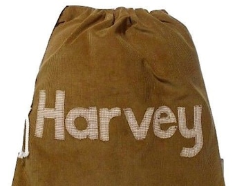Personalised Beige Corduroy Drawstring Bag: Gingham Applique, school pump bag