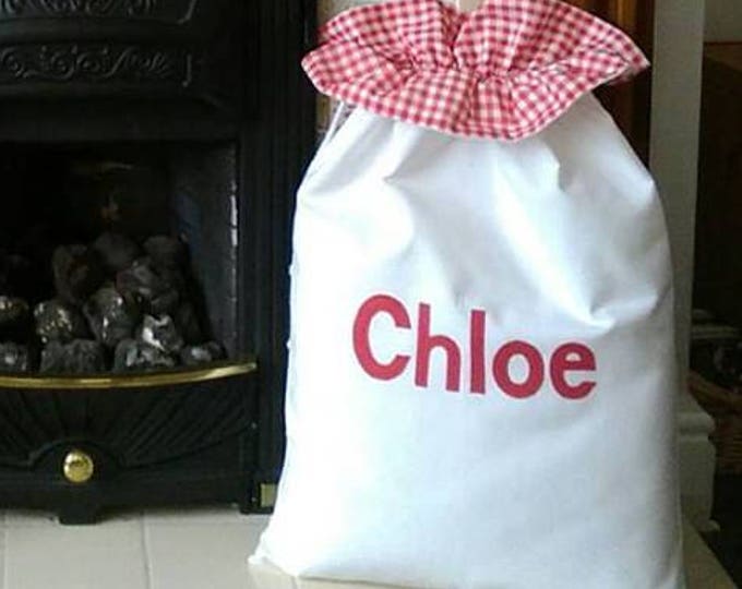 Personalised Santa Sack: WHITE Cotton, Red Gingham Ruffle, Silver Bells