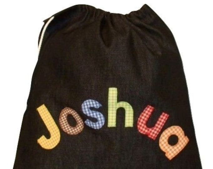 Personalised Bag for School Nursery or Kindergarten in Black Corduroy for PE Pumps Gym Personalized in Gingham, Starting school gift