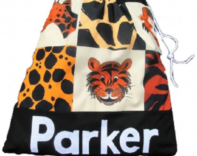Animal Print Black Bag, Personalised Gym Bag, Pump Bag, PE Bag, Sports Bag, Drawstring Bag, Nursery Bag, Boys birthday gift, New baby gift
