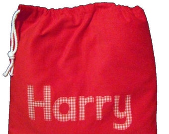 Personalized Red Corduroy Drawstring Bag: Appliqued Name, PE Gym Kit