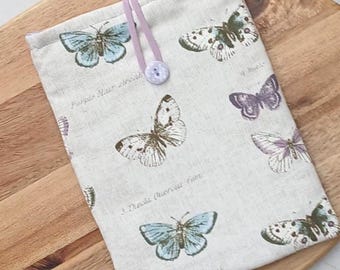 Butterfly Kindle Sleeve, Padded Cotton Case, Button Closure,  Book Cover