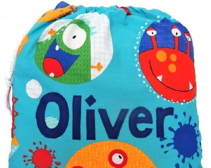 Monster Alien bag, Personalised bag, Shoe Bag, Drawstring Bag, School Bag, Pump Bag, Gym Bag, Nursery Bag, Gift for boy, Appliqued Felt