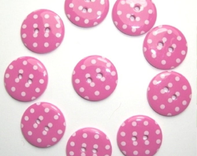 Buttons Hot Pink Bright Pink Polka Dot Button pack of 10 ligne size 28 or 18mm 2 hole Two hole Plastic