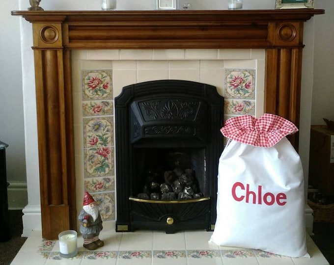 Personalized Santa Sack in WHITE for Christmas Eve with Red Gingham Ruffle and Silver Bells LARGE 100% cotton Personalised
