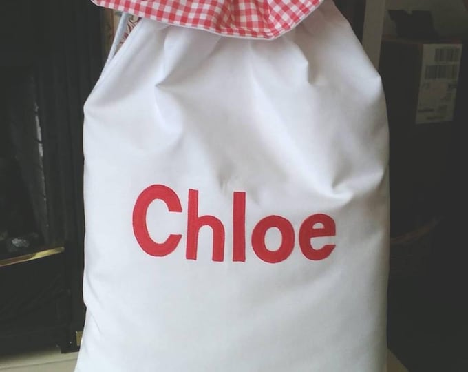 Personalised Santa Sack: WHITE Cotton, Red Gingham Ruffle, Silver Bells