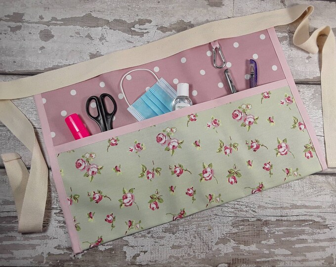 Waist apron, PINK flower, Gift, Teacher apron, Pocket apron, Craft apron, Sewing apron, Knitting Half waist apron 2,3,4,or 5 pocket