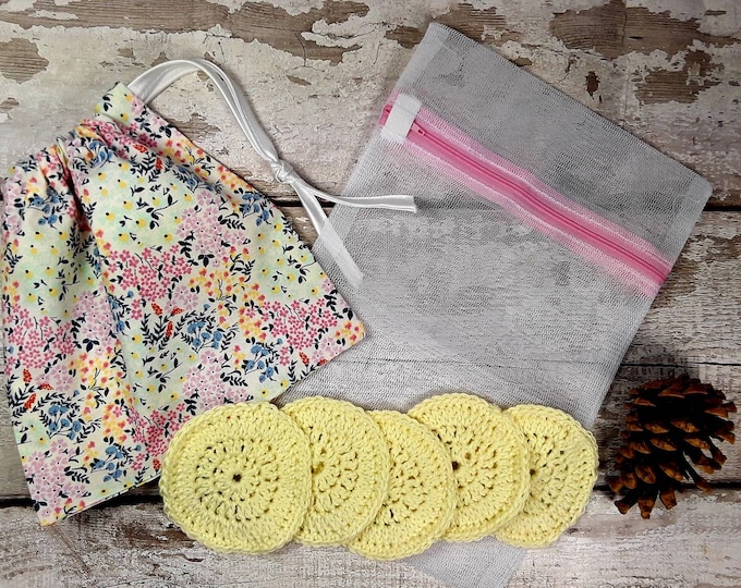 5 Reusable Cotton Crochet face pads storage bag & wash bag, Eco-friendly, Makeup removal, Scrubbies, Facial cleansing wipes, Gift K