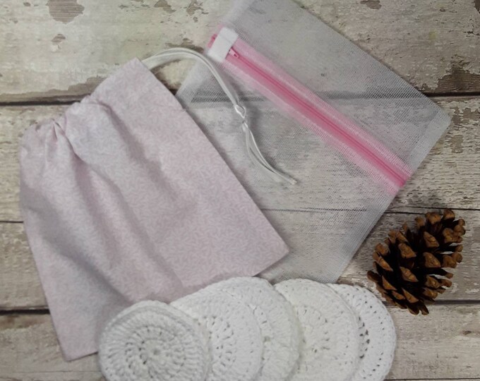 5 Reusable Cotton Crochet face pads storage bag & wash bag, Eco-friendly, Makeup removal, Scrubbies, Facial cleansing wipes, Gift R