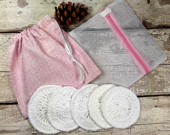 5 Reusable Cotton Crochet face pads storage bag & wash bag, Eco-friendly, Makeup removal, Scrubbies, Facial cleansing wipes, Gift P