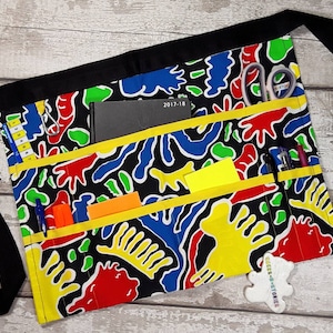 Teacher Apron: Half Apron with 9 Pockets, Yellow Trim