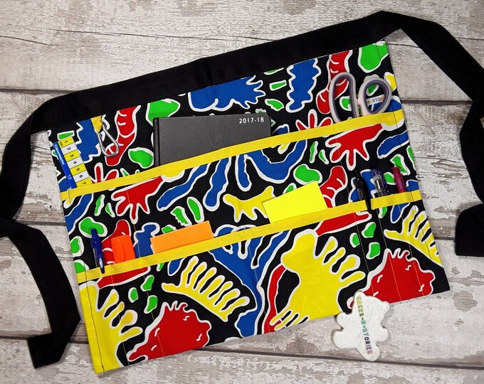 Teacher Apron, Half waist apron, 6 or 9 pockets Yellow Trim, Vendor Apron, Apron with pockets, Classroom apron, Teacher gift