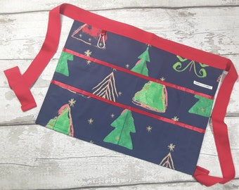 Teacher Apron, CHRISTMAS TREE Blue, Noel Vendor Apron, Vendor Apron, Utility Belt, Half Waist Apron 6 or 9 pockets