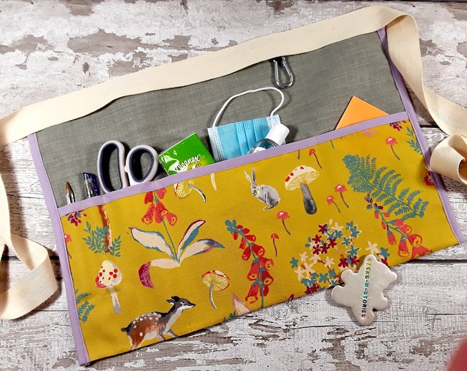 Teachers Apron HARE on Mustard with lilac trim and grey 5 pockets Vendor Apron Teacher Utility Belt Ready To Post