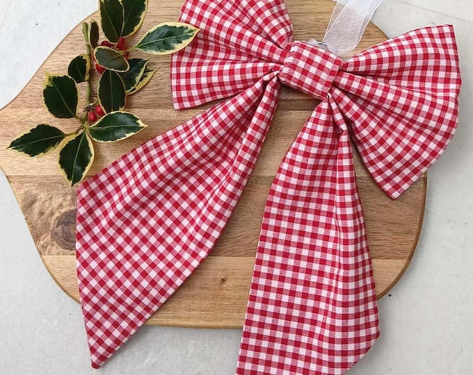 Red gingham fabric hanging bow for Christmas seasonal décor Large bow