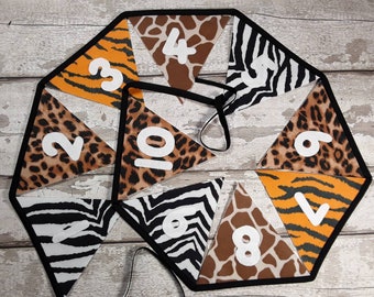 Number Bunting, Animal Print, White felt numbers 210 cm 10 flags 1- 10 Classroom Decor - Zebra Giraffe Leopard Tiger