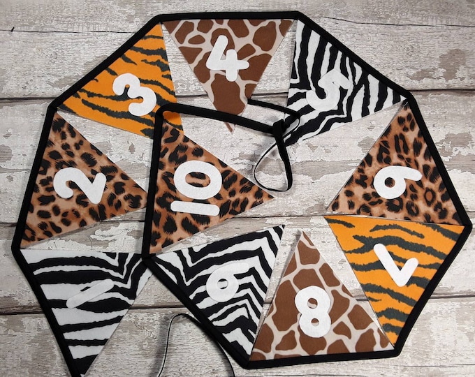 Number Bunting, Animal Print, White felt numbers 210 cm 10 flags 1- 10 Classroom Decor - Zebra Giraffe Leopard Tiger