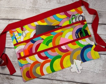 Apron Half Waist, 6 or 9 pockets Retro Rainbow Red Trim, Vendor apron, Pocket pinny, Teacher apron, Teacher gift, Craft apron,