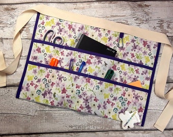 Apron Half Waist, 6 or 9  pockets, Purple Flowers, Teacher Gift