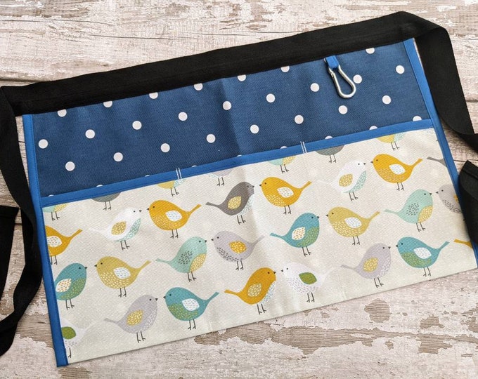 Teachers Apron Pocket Apron BIRDS 100% cotton Choice of Polka Dot, Vendor Apron, RWI Apron, Craft apron, Half Waist 2, 3 4 or 5 pockets