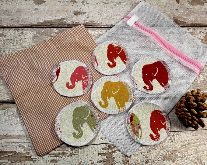 6 Elephant face reusable face pads storage & wash bag Eco-friendly Makeup Removal Scrubbies Facial cleansing wipes, Zero waste, Ethical gift