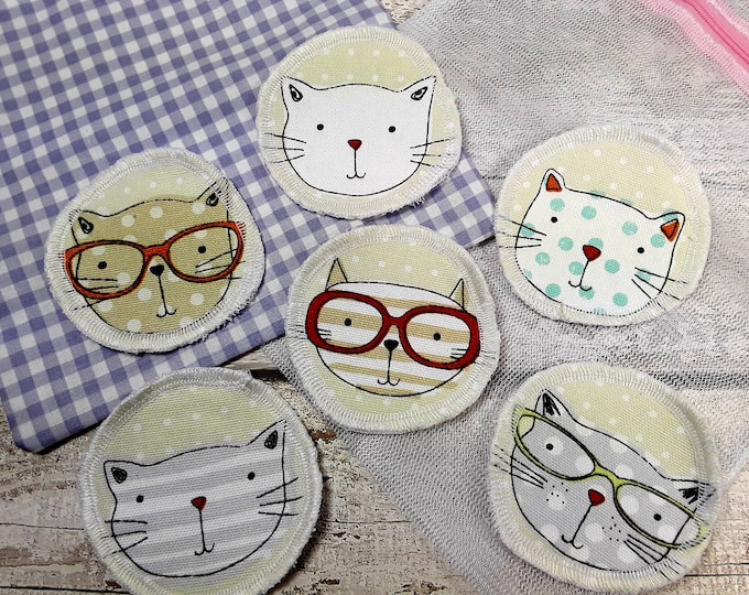 6 Cat face reusable face pads storage & wash bag Eco-friendly Makeup Removal Scrubbies Facial cleansing wipes, Zero waste, Ethical gift E