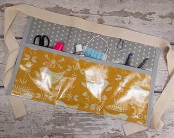 Oilcloth Half Apron, Birds in Ochre, 3 Pockets, Carabiner