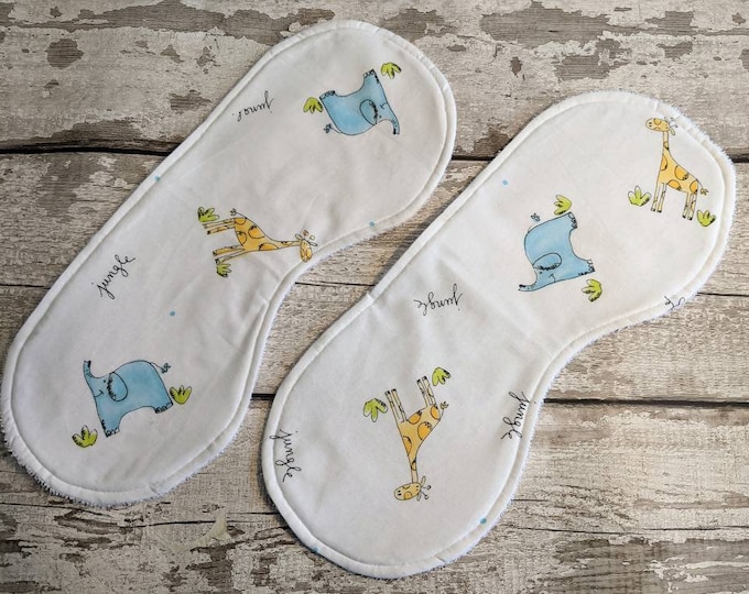 Jungle animal burp cloths x 2, crisp white cotton,New Baby gift, Eco friendly, Organic, Cotton, New Parent Gift, Baby shower, Mum to be gift