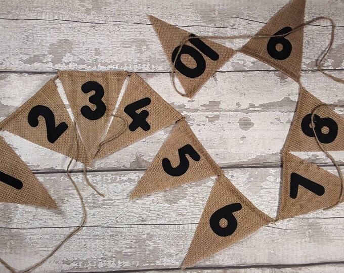 Number bunting burlap hessian choice of felt colour numbers 130cm adjustable 10 flags 1- 10 Farmhouse Classroom Decor