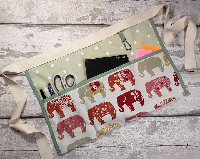 Teacher Apron ELEPHANT and Sage Polka Dot 2,3,4 or 5 pocket Waist Apron Vendor Apron Teacher RWI Apron Teacher gift