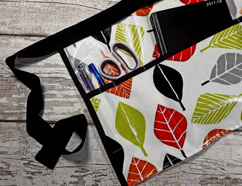 Teacher Apron LEAVES with black OilCloth PVC Vendor Apron Garden Apron Teacher Utility Belt Half Waist 5 or 3 pockets