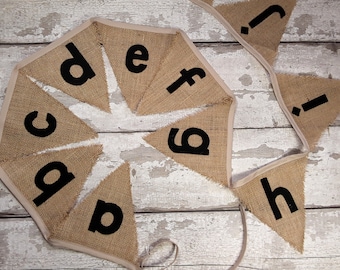 Alphabet A-Z Hessian Burlap reading phonic bunting with felt letters 26 flags 4.7 metres Farmhouse Classroom