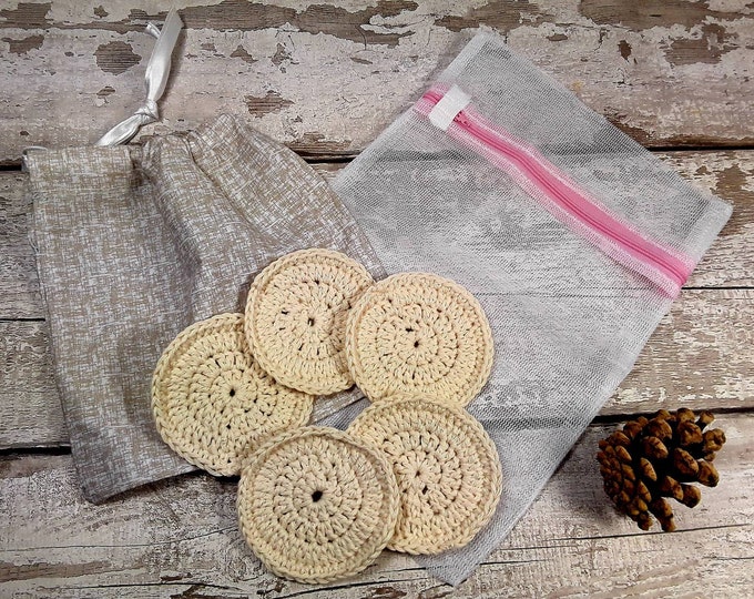 5 Reusable Unbleached Cotton Crochet face pads storage bag & wash bag, Mothers Day Gift, Eco-friendly Makeup removal Scrubbies Facial wipes