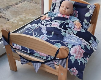 Dolls Bedding Set, Navy Floral Quilt, Fits Ikea Duktig wooden doll bed- 5 piece