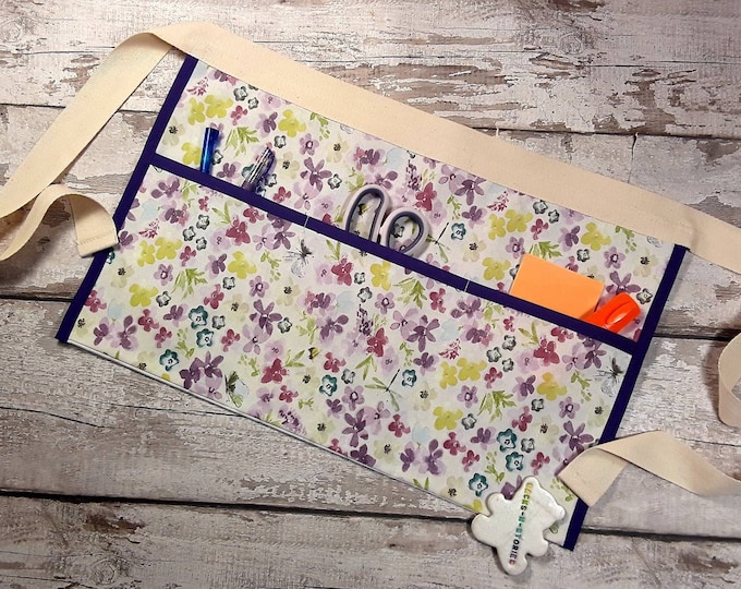 Teacher gift, Apron Half Waist 2,3,4 or 5 pockets Purple Flowers, Vendor Apron, Knitting apron, Sewing, Market Apron, Classroom apron, RWI
