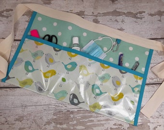 PVC Oilcloth Half Apron, Birds Print, 3 Pockets