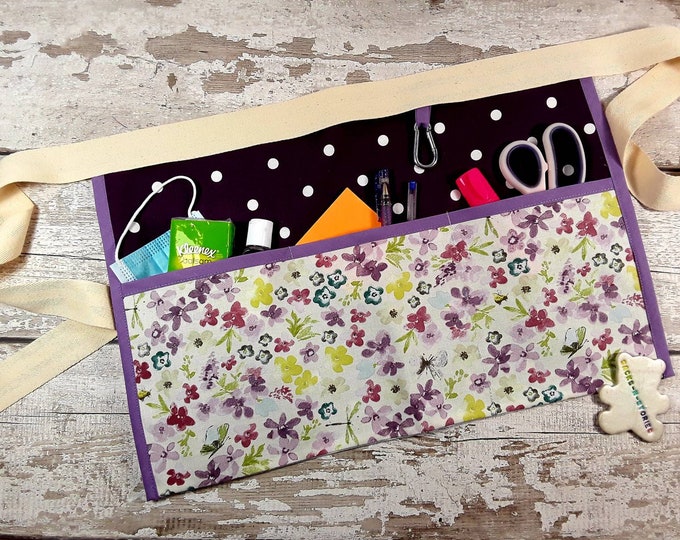 Teacher Apron Pocket Apron Flowers and Purple Polka Dot, Vendor Apron, RWI Apron, Utility Belt Half Waist apron 3 or 5 pockets RWI apron