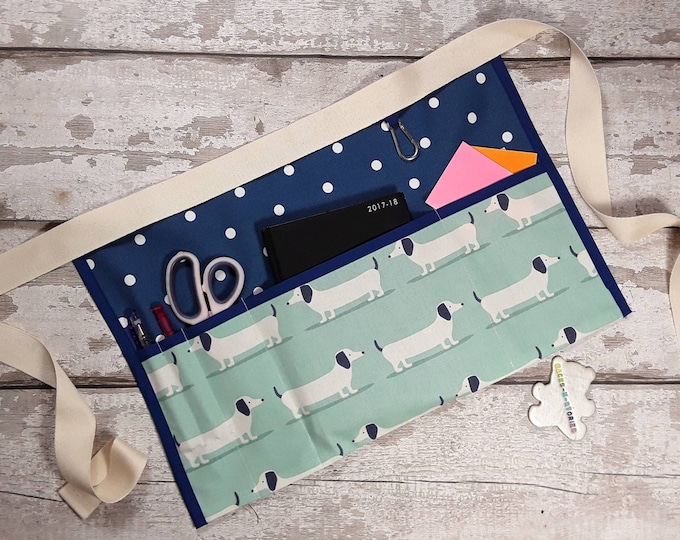 Apron DACHSHUND Duck egg blue and Royal Blue Polka Dot with 2,3,4 or 5 pockets, Dog Apron, Teacher apron, Waist apron, Mothers day gift